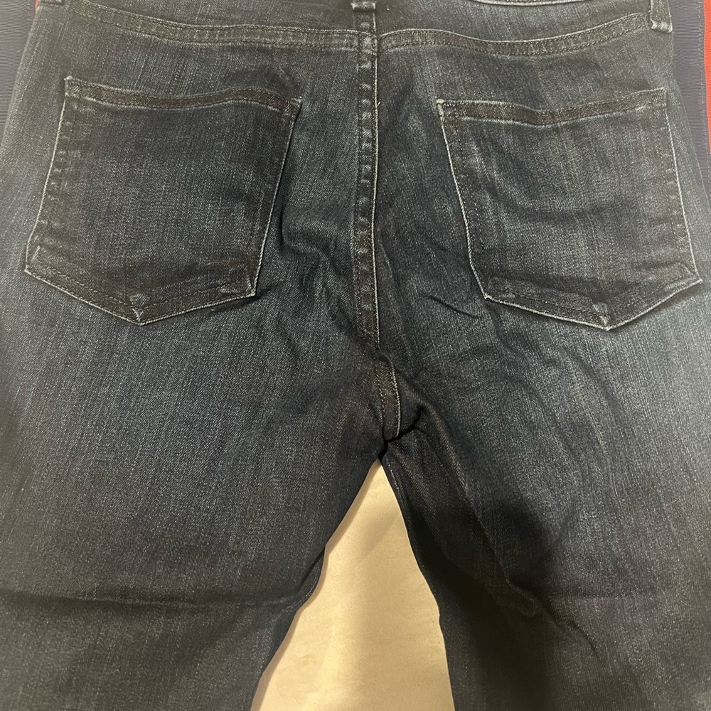Veronica Beard Dark Blue Cropped Jeans with Red Side Stripes, hem is a raw edge - Picture 4 of 12